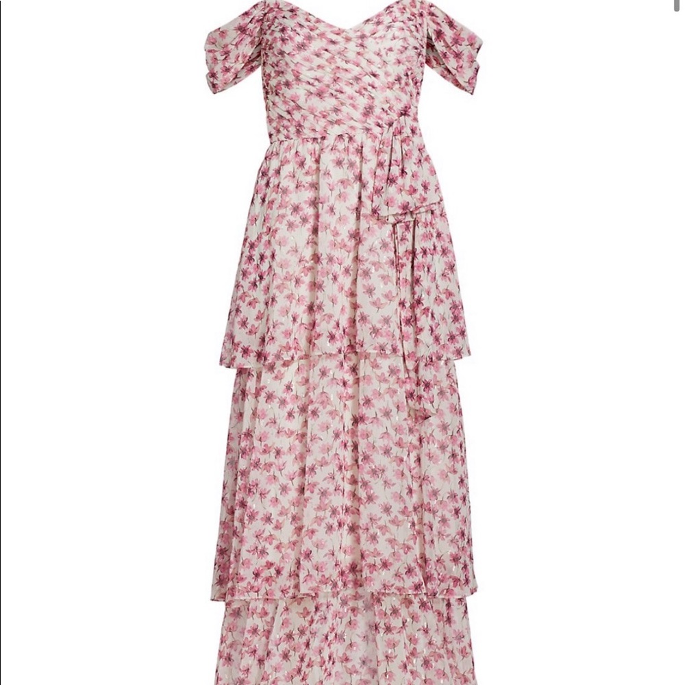 Monique Lhuillier off- shoulder,tiered long gown , pink and white floral,size 4
